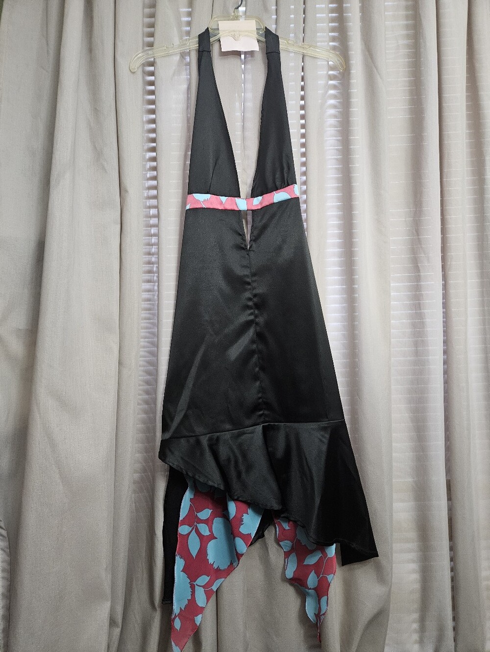 Black Halter Satin Nightdress with Pink & Blue Floral Accent